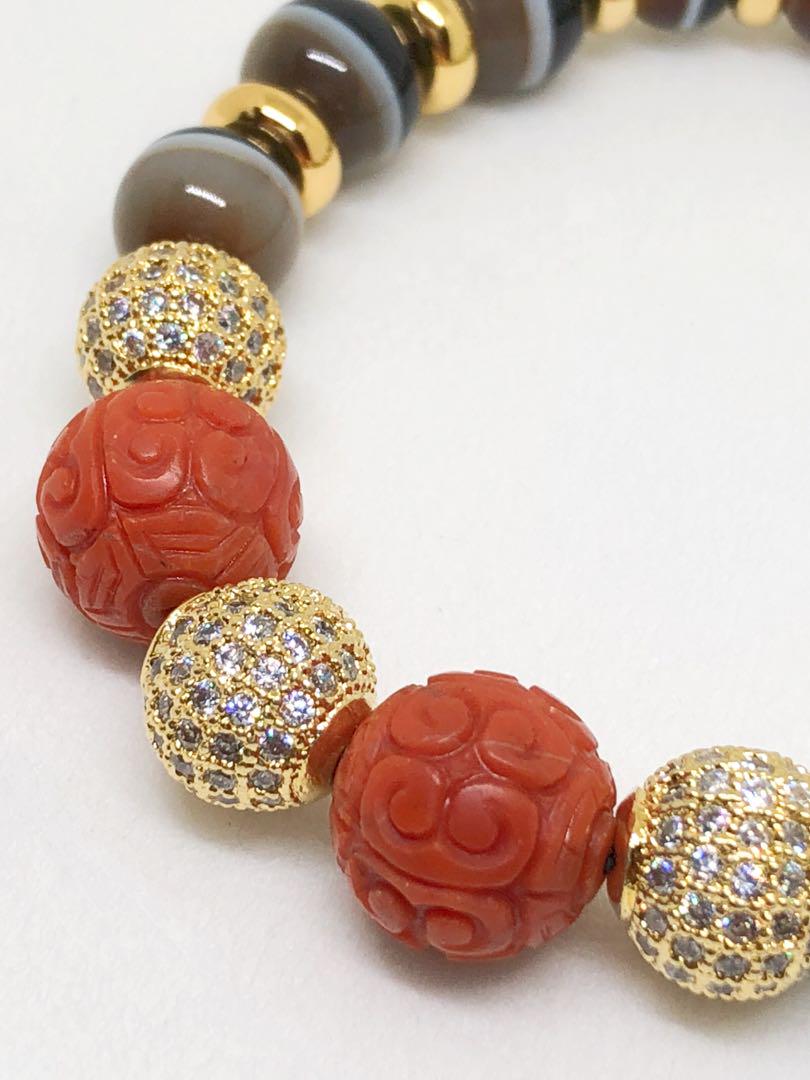 Bracelet. High quality Red Carnelian with Chinese Prosperity Ruyi