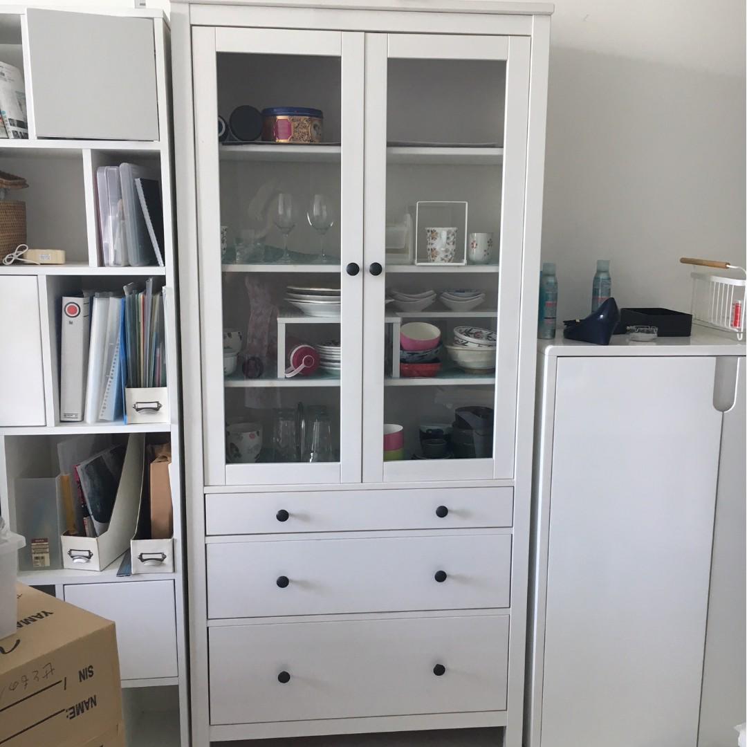 Hemnes Glass Door Cabinet With 3 Drawers White Stain Furniture