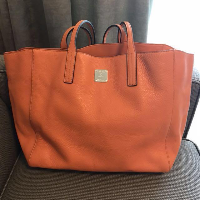 MCM Leather Tote Bag with pouch Hermes Orange Color