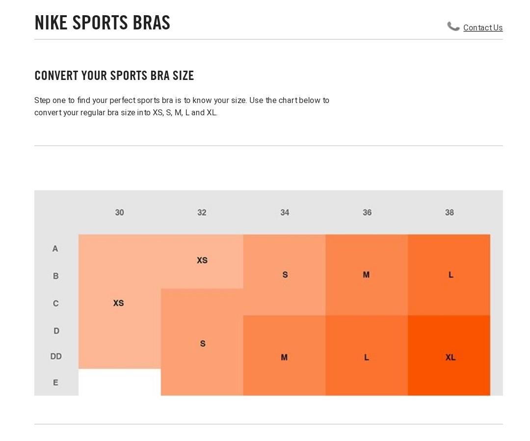 nike bra size chart