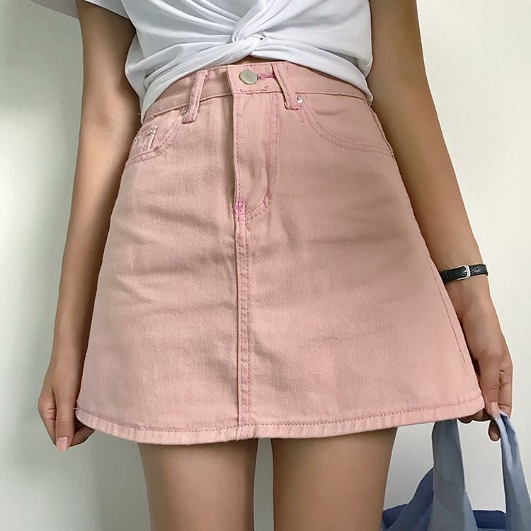 dusty pink denim skirt