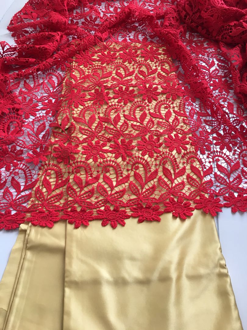 Kain Lace Prada : Red, Women's Fashion, Muslimah Fashion, Baju Kurung ...