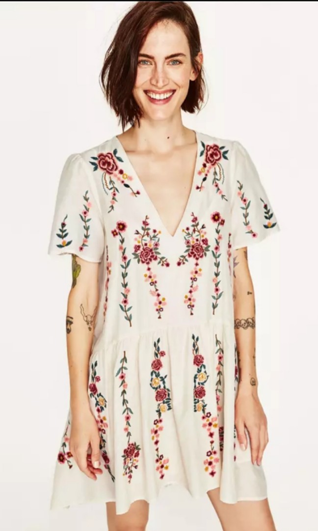 Zara floral embroidery drop waist babydoll dress, Women's Fashion