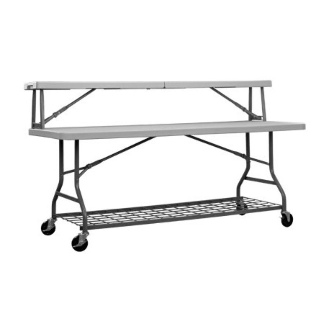 buffettable buffet (Category: Tables & Sets) located in Singapore. Submitted by eventclearance (Listing ID 179767912, Image 1). Description: collapsible table with upper shelf Top color HDPE Dimensione : L183.3 x W75.2 x H74 cm Max recomend weight load: 150 kg / 330 lb Gross Weight 21,99 kg table cover optional. to purchase separately..