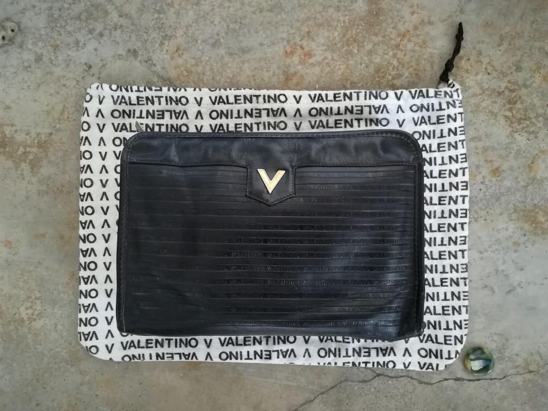 VINTAGE MARIO VALENTINO Black V Logo Embossed Leather Clutch Bag Dust Bag