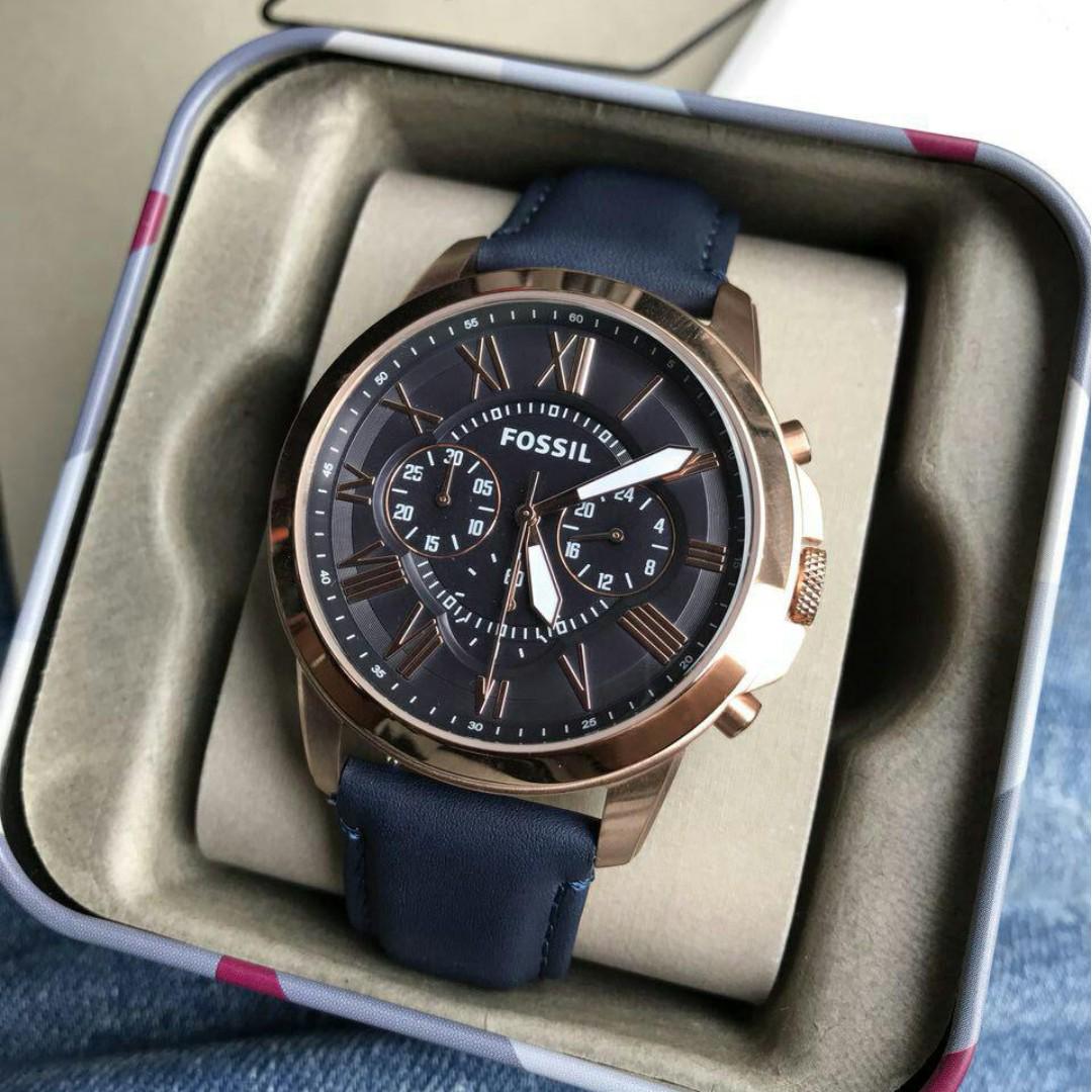 Fossil Original FS4835P GRANT CHRONOGRAPH NAVY LEATHER WATCH