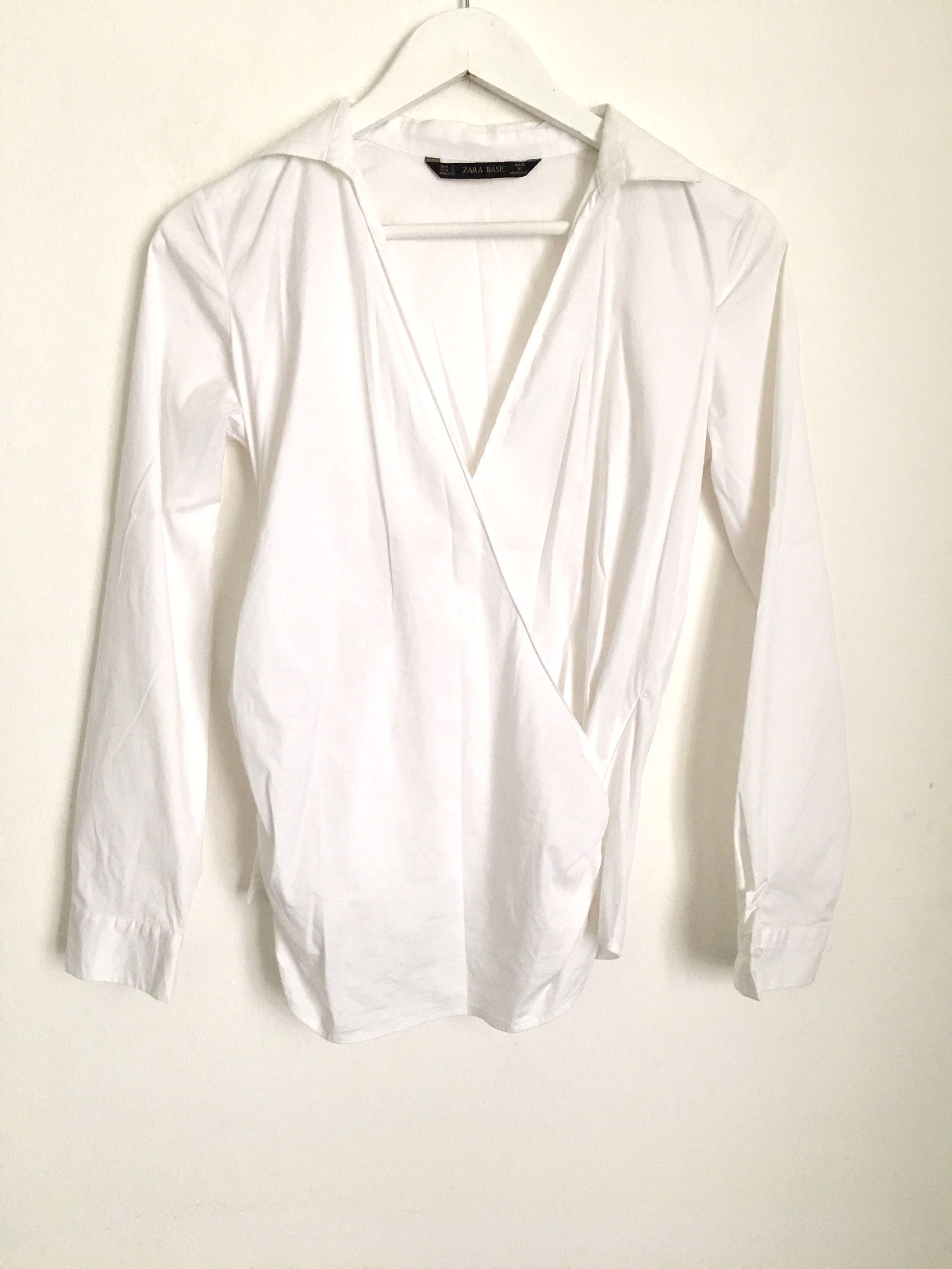 Zara Deep V-Neck White Shirt, Fesyen 