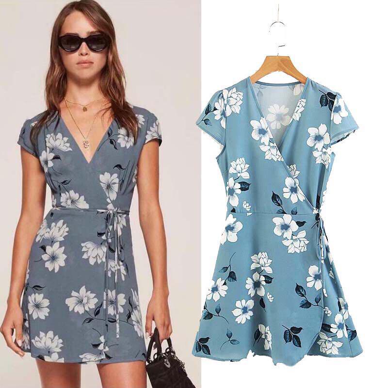 Blue floral wrap around mini dress