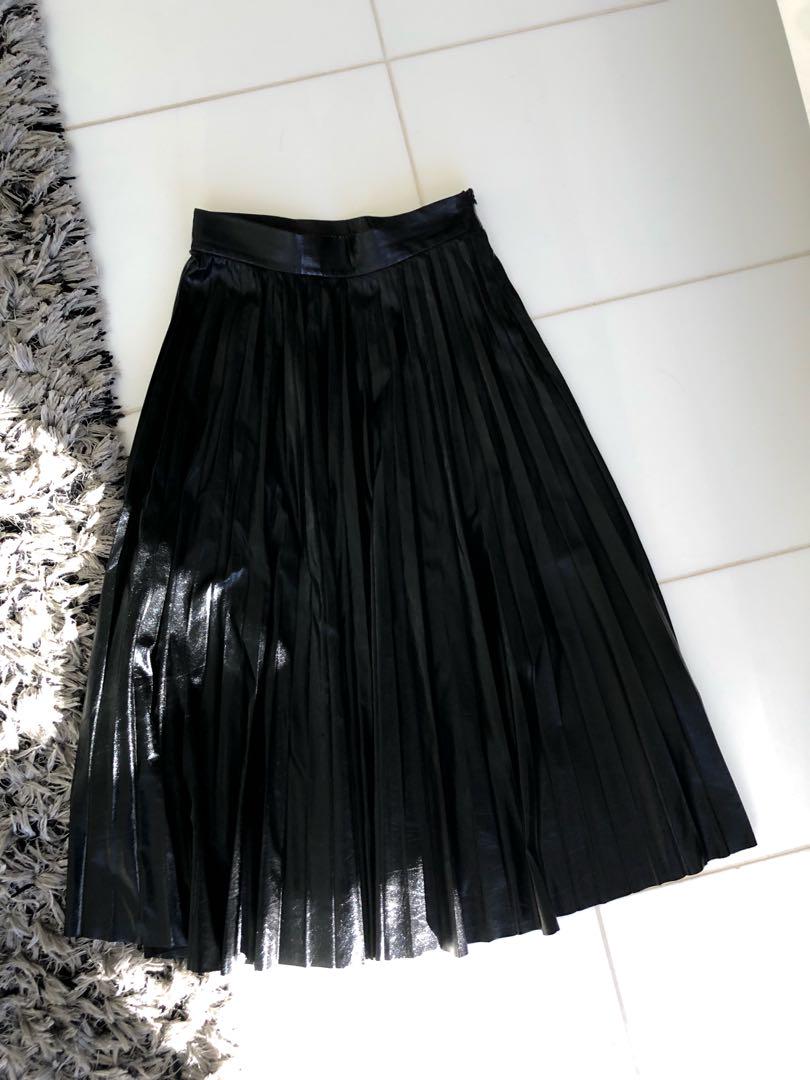 Zara Black Pleated Midi Skirt, Women's 