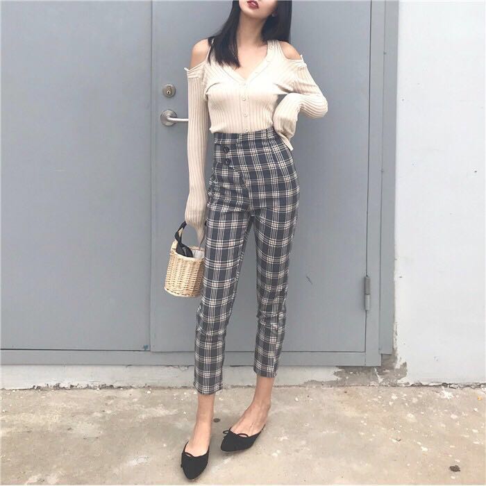 high waisted gingham pants Women s Fashion Bottoms Other