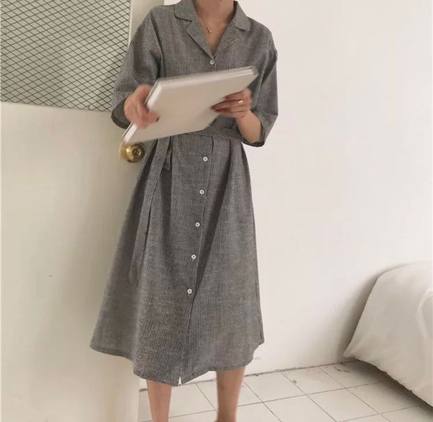Linen Striped Midi Dress Outerwear Women S Fashion Clothes