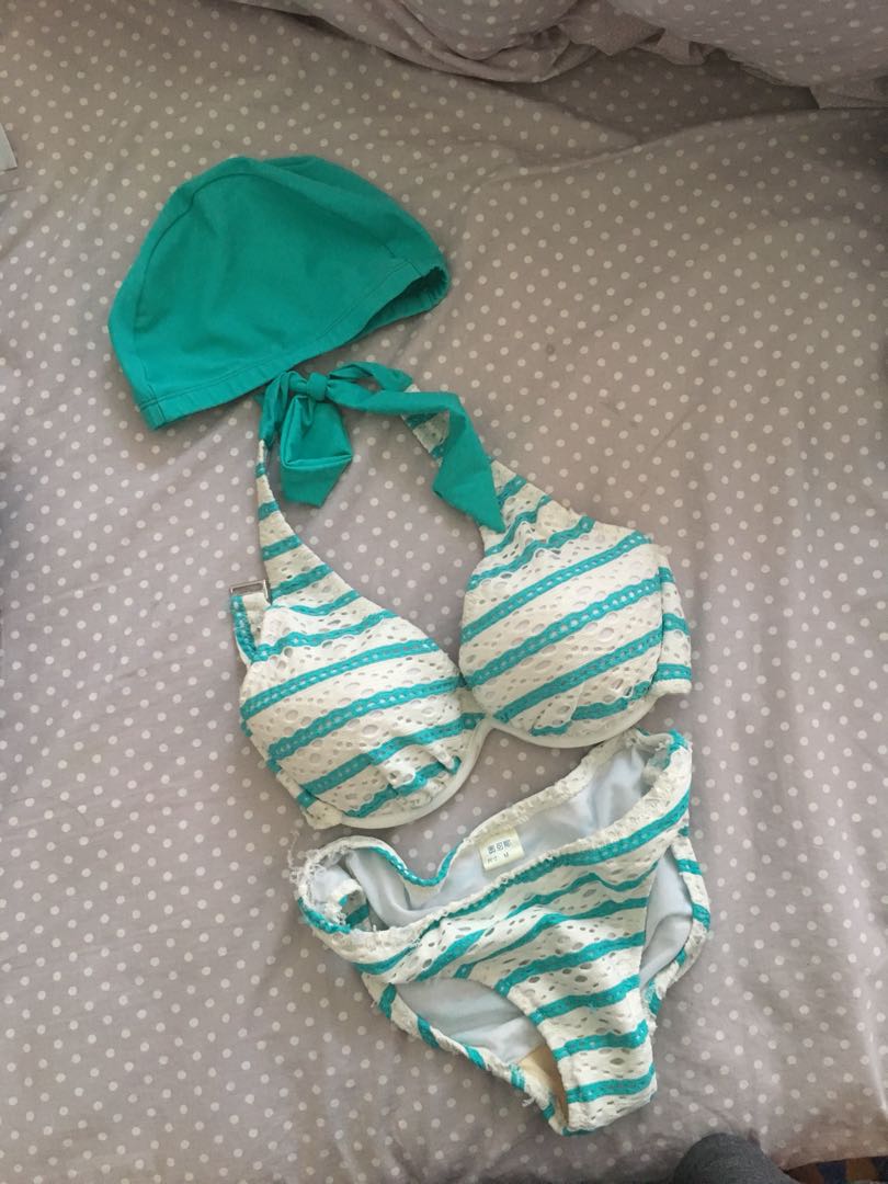 蓝白条纹比基尼 泳衣