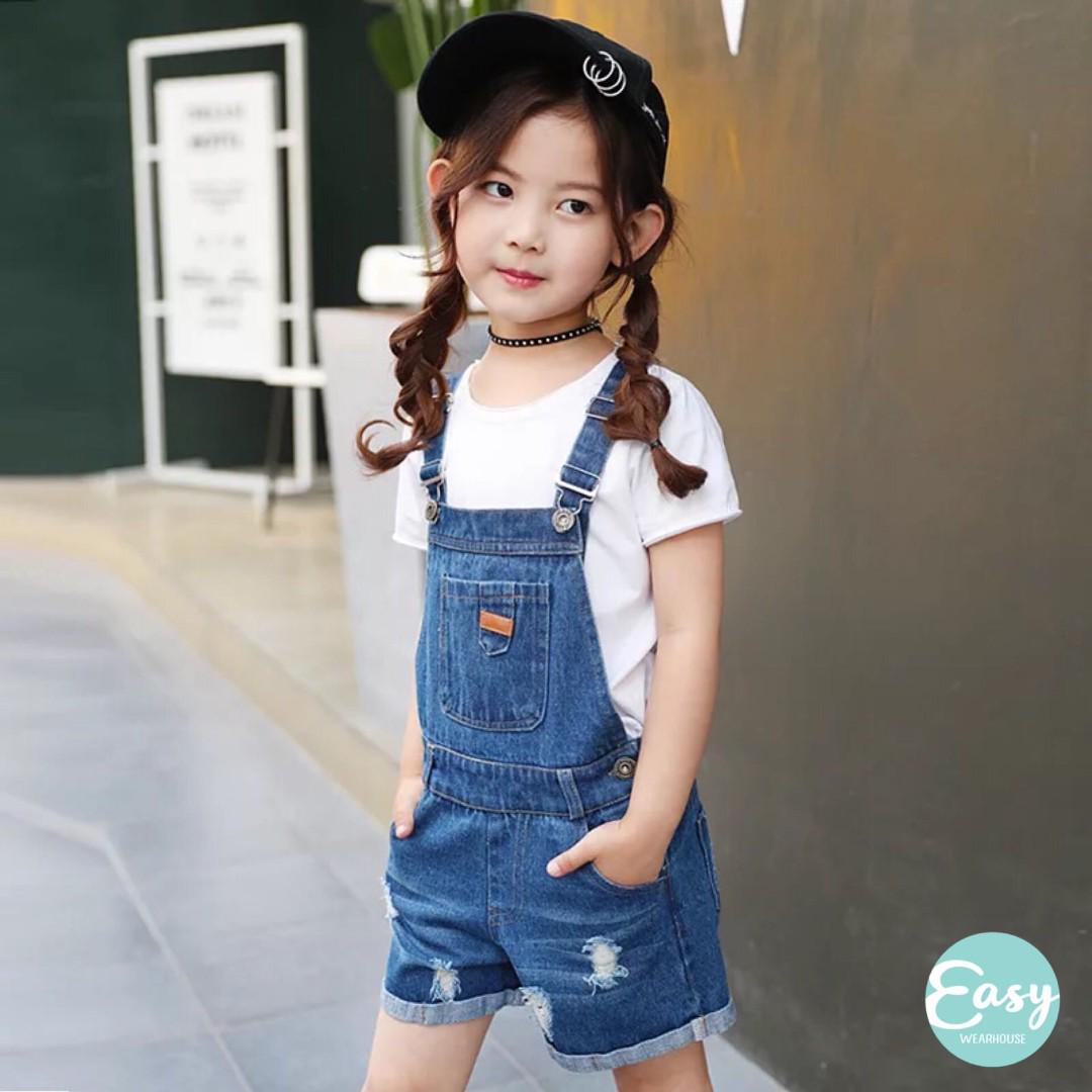 Kids Girl Short Denim Jeans Jumpsuit Pants Adjustable Strap