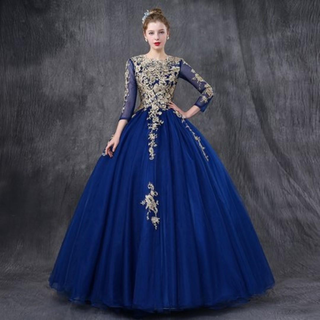 Pre order Muslimah Long Sleeve blue gold Wedding Bridal Ball Prom Dress Gown RBMWD0178