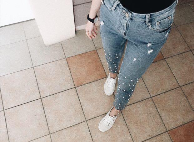 Zara Pearl Beaded Denim Jeans, Women's 