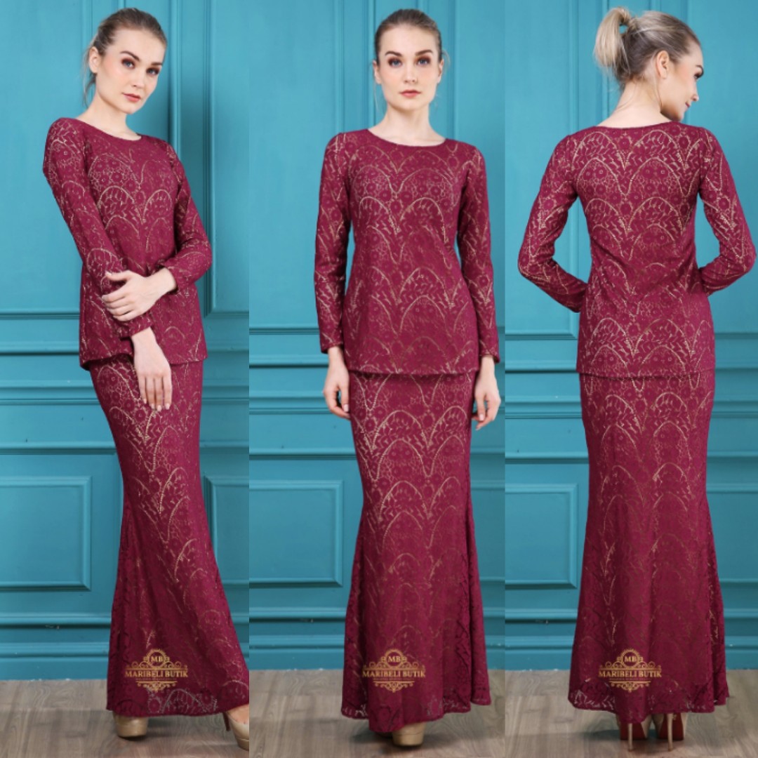  Baju  Kurung  Moden lace maroon  Fesyen Muslimah Two piece 