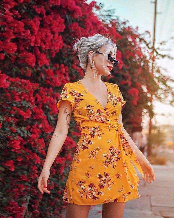 NEGOTIABLE H m Mustard Yellow Floral Self Tie Wrap Dress Women s