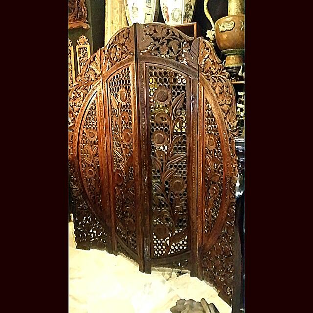 Wood Room Carved Divider Screen Teak Wood Floral Design Home
