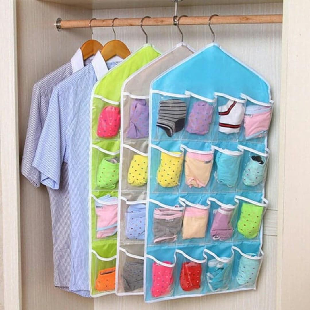 16 GRID HANGING STORAGE ORGANIZER (Category: Storage Boxes & Baskets) located in Manila. Submitted by christimjose09 (Listing ID 180941277, Image 1). Description: Product details: ✔️Can be hanged in your wardrobe or hanging on the back of any door. ✔️16 grids can hold socks, underwear, ties, gadgets, etc. ✔️Unobstructed design, clear and easy to find. ✔️Material: Polyester fabric + PVC ✔️Available colors: Pink, Blue, Green and Beige ✔️Dimension: 