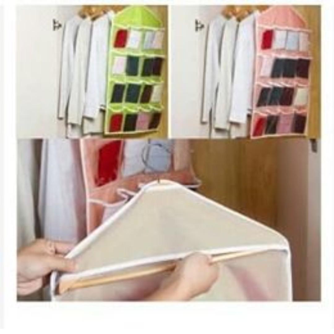 16 GRID HANGING STORAGE ORGANIZER (Category: Storage Boxes & Baskets) located in Manila. Submitted by christimjose09 (Listing ID 180941277, Image 3). Description: Product details: ✔️Can be hanged in your wardrobe or hanging on the back of any door. ✔️16 grids can hold socks, underwear, ties, gadgets, etc. ✔️Unobstructed design, clear and easy to find. ✔️Material: Polyester fabric + PVC ✔️Available colors: Pink, Blue, Green and Beige ✔️Dimension: 