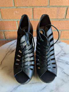 RMK Black Leather Lace Up Wedge Heels - Size 40 - Brinda