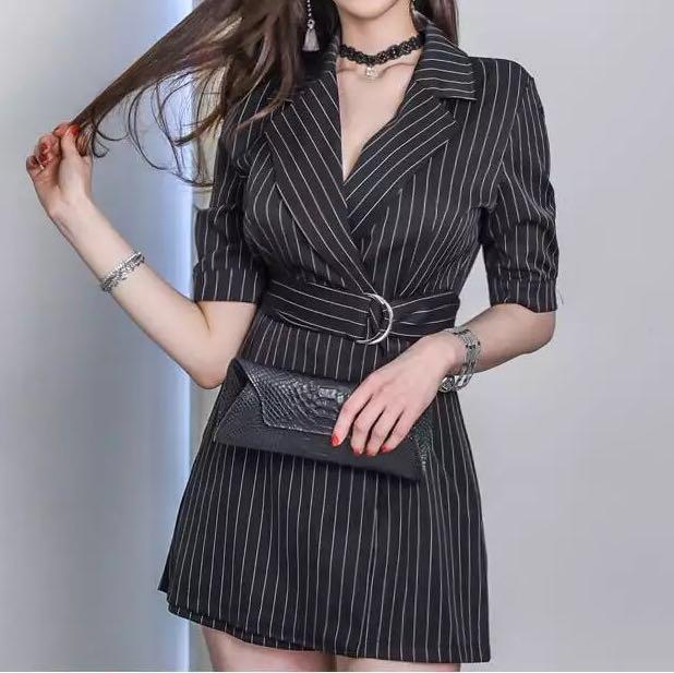 B W Romper V Neck For Office Work Women Ladies Girls Shirt Tshirt Dress Skirt Smart Casual Collar Monochrome Black White Stripe Korean Fashion Trendy Women S Fashion Clothes Rompers Jumpsuits On Carousell