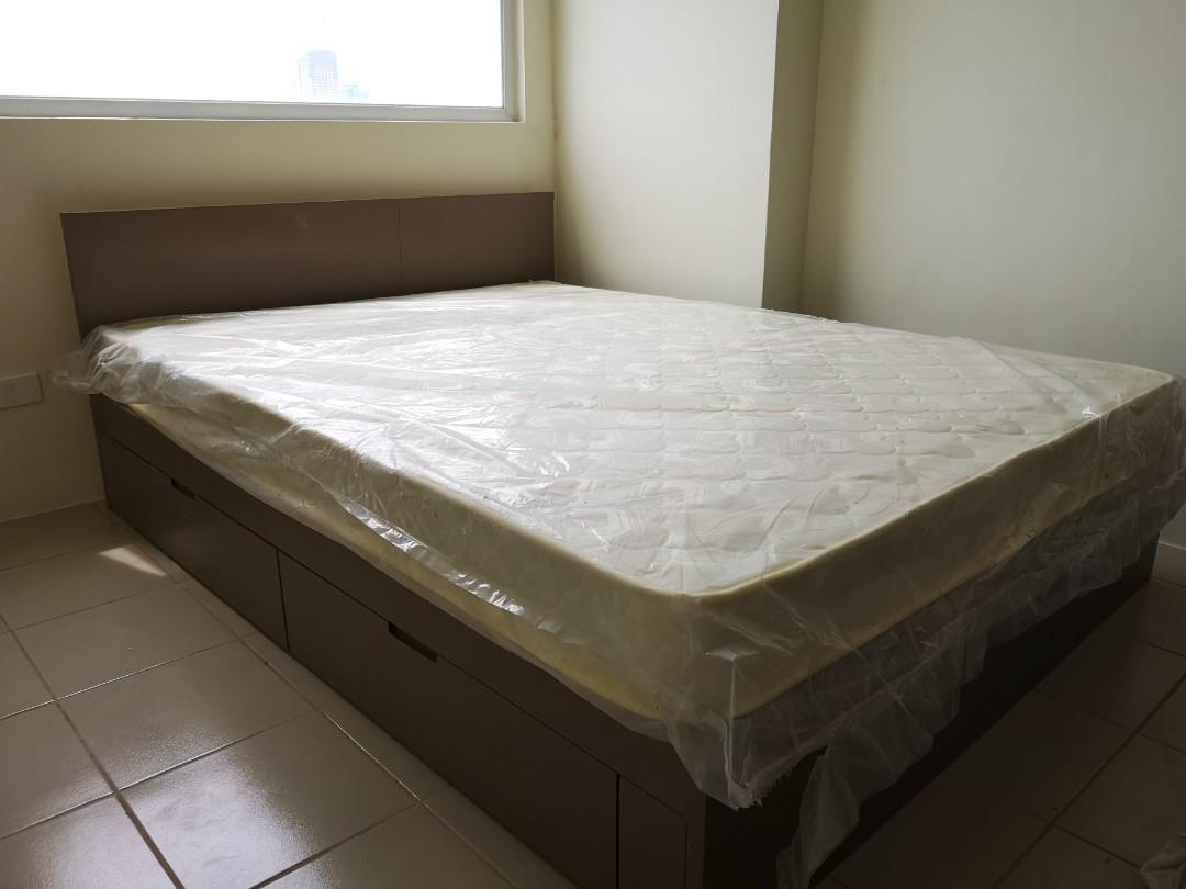 Queen Size Wooden Bed Frame With Matress And Drawers Home Furniture On Carousell Zinus anna double queen bed frame fabric grey storage drawer footboard ottoman. queen size wooden bed frame with