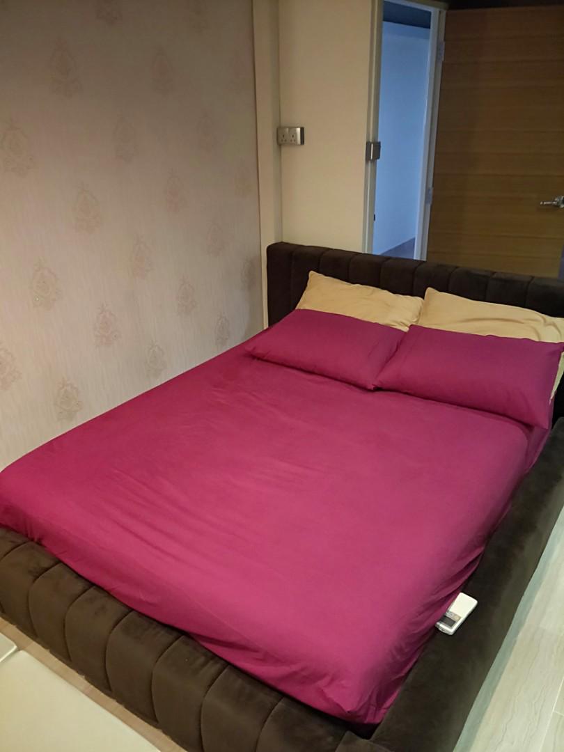 Queensized cushioned Bed Frame with comfy Headboard, Furniture & Home