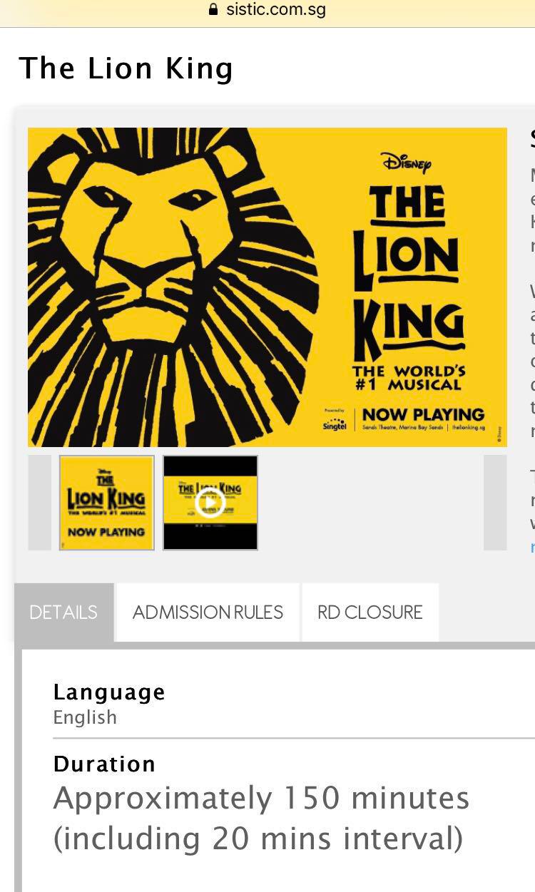 The Lion King musical, Tickets & Vouchers, Local Attractions