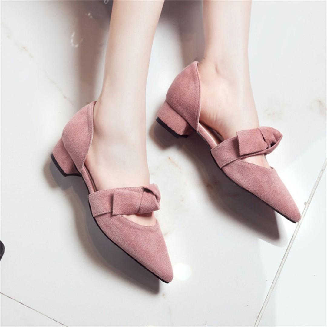 Women Suede Sweet Bow Elegant Ladies Shoes Square Low Heels Fashion Sandals  [Black/Apricot/Pink], Women's Fashion, Footwear, Heels on Carousell