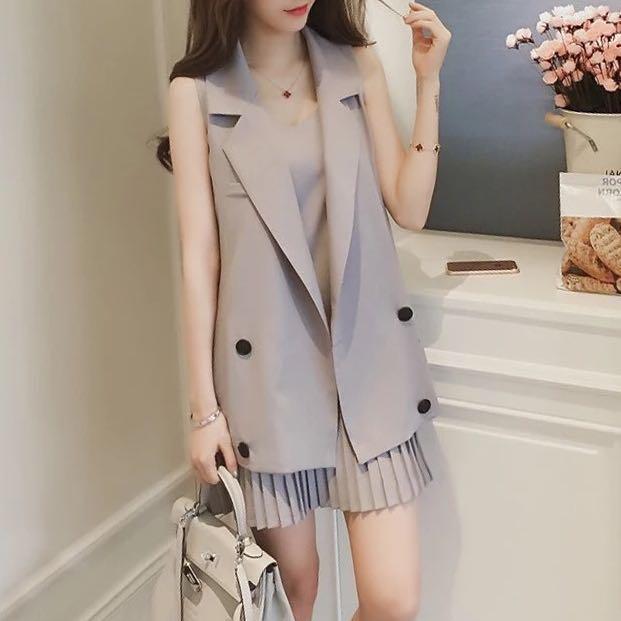 2 Piece Dress Jacket Sleeveless Collar Office Wear Formal