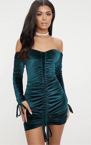 Pretty Little Thing Emerald Green Bardot Velvet Ruched Arm Ruched