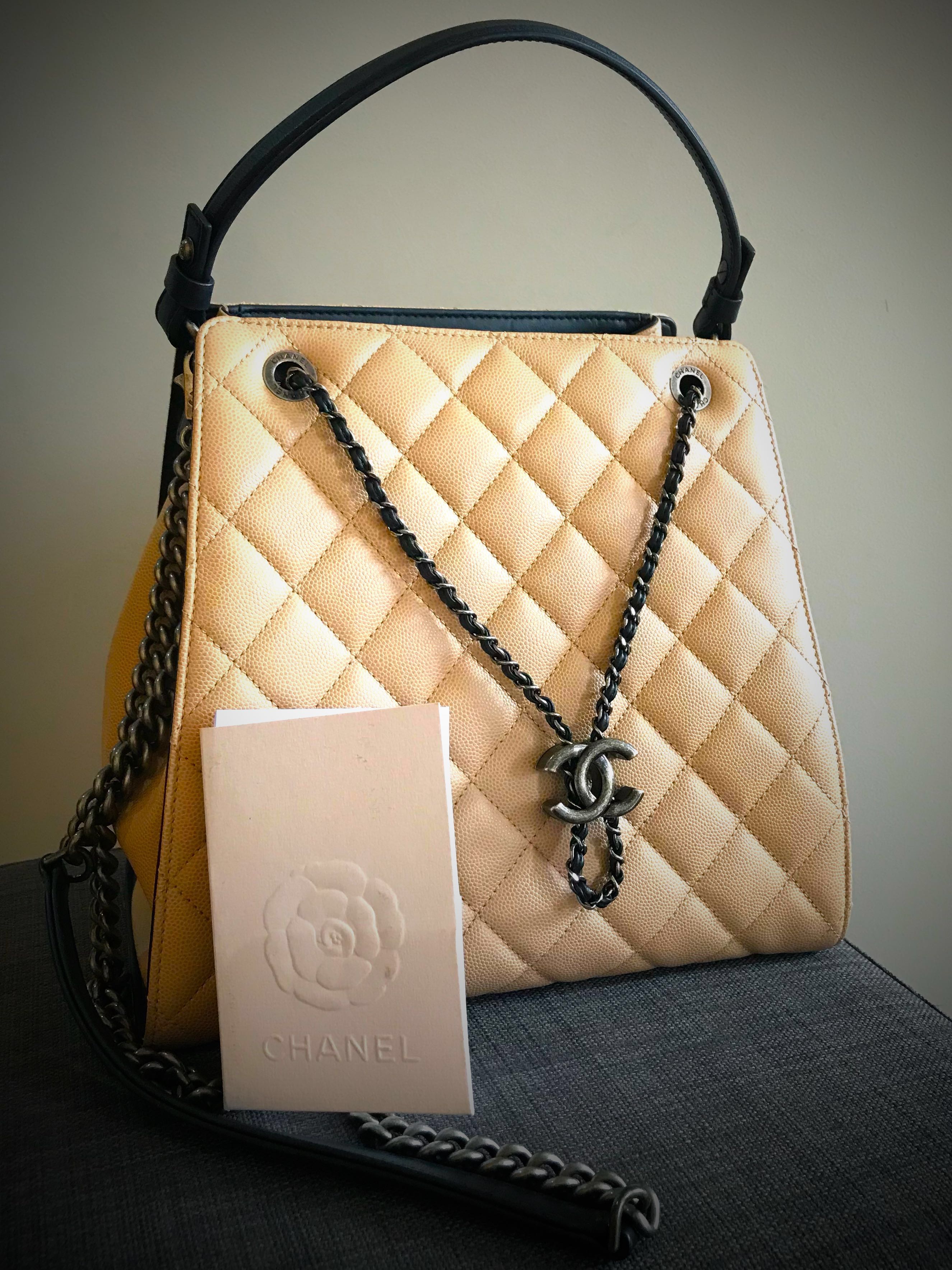 Chanel Accordion Beige Caviar Bucket Bag Pre-loved, Luxury, Bags & Wallets  on Carousell