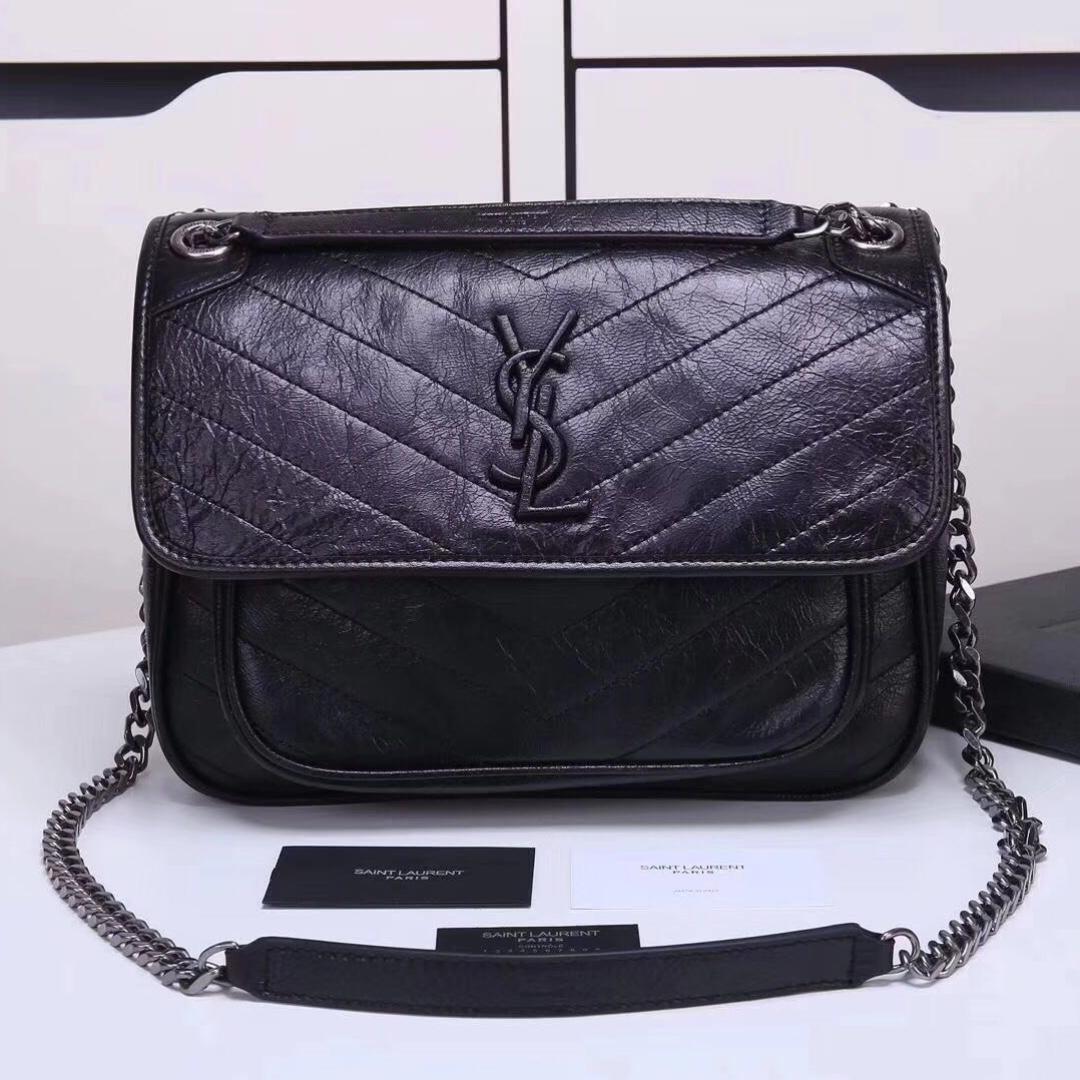 YSL Saint Laurent Medium Niki Chain Bag In Crinkled and Quilted Fog ...