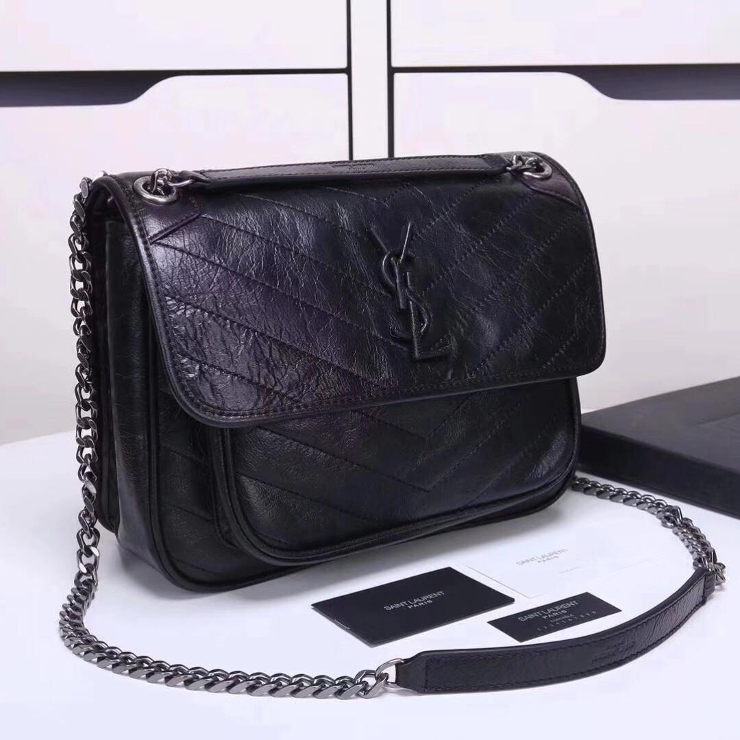 YSL Saint Laurent Medium Niki Chain Bag In Crinkled and Quilted Fog Leather, Luxury, Bags ...