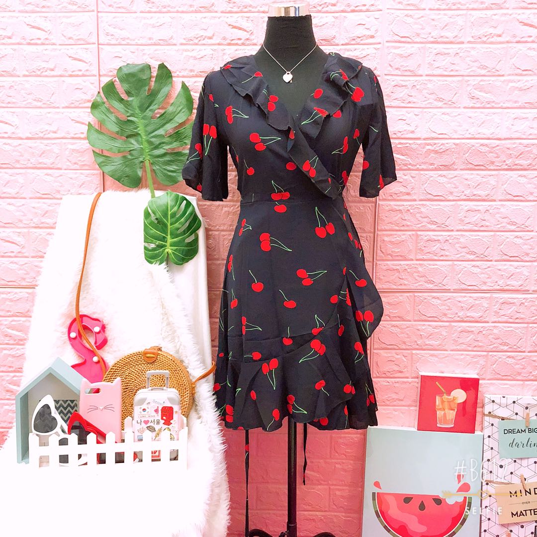 cherry wrap around dress