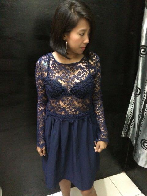 Midi dress brokat navy, Fesyen Wanita