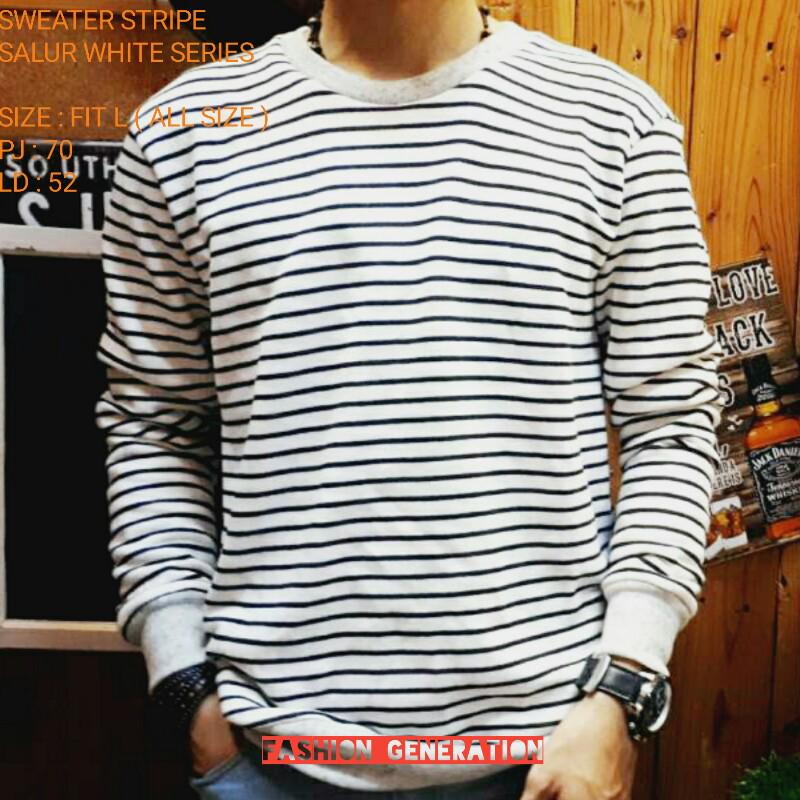 Atasan Sweater Pria Motif Strip Salur Garis Warna Putih