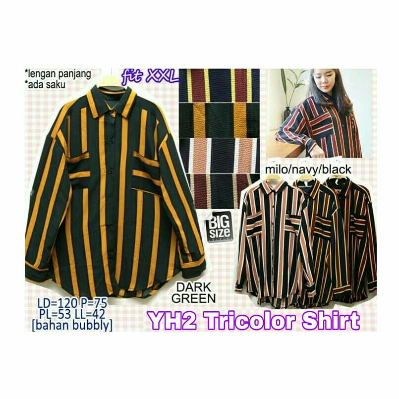 New Yh2 Tricolor Shirt Big Size Xxl Kemeja Wanita Lengan Panjang Motif Salur Stripe Hem Jumbo 2xl 2r L2 Olshop Fashion Olshop Wanita Di Carousell