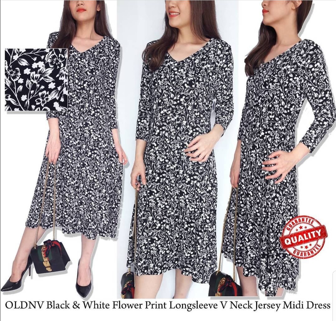 Oldnavy Black Whote Flower Print Long Sleeve V Neck Jersey Midi Dress K843 Women S Fashion Clothes Dresses Skirts On Carousell