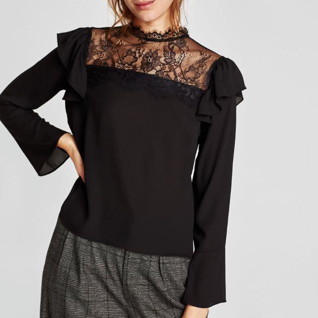 Zara Lace Ruffle Blouse, Fesyen Wanita 