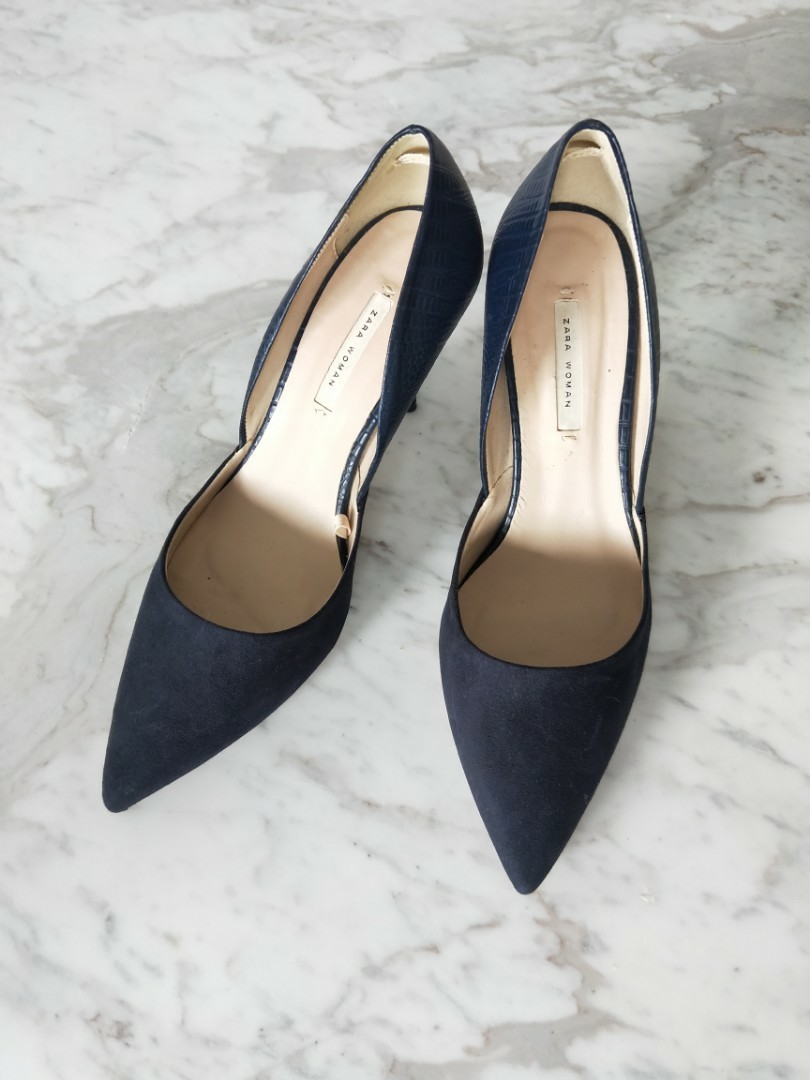 Zara Navy Suede Mix Heels, Women's 