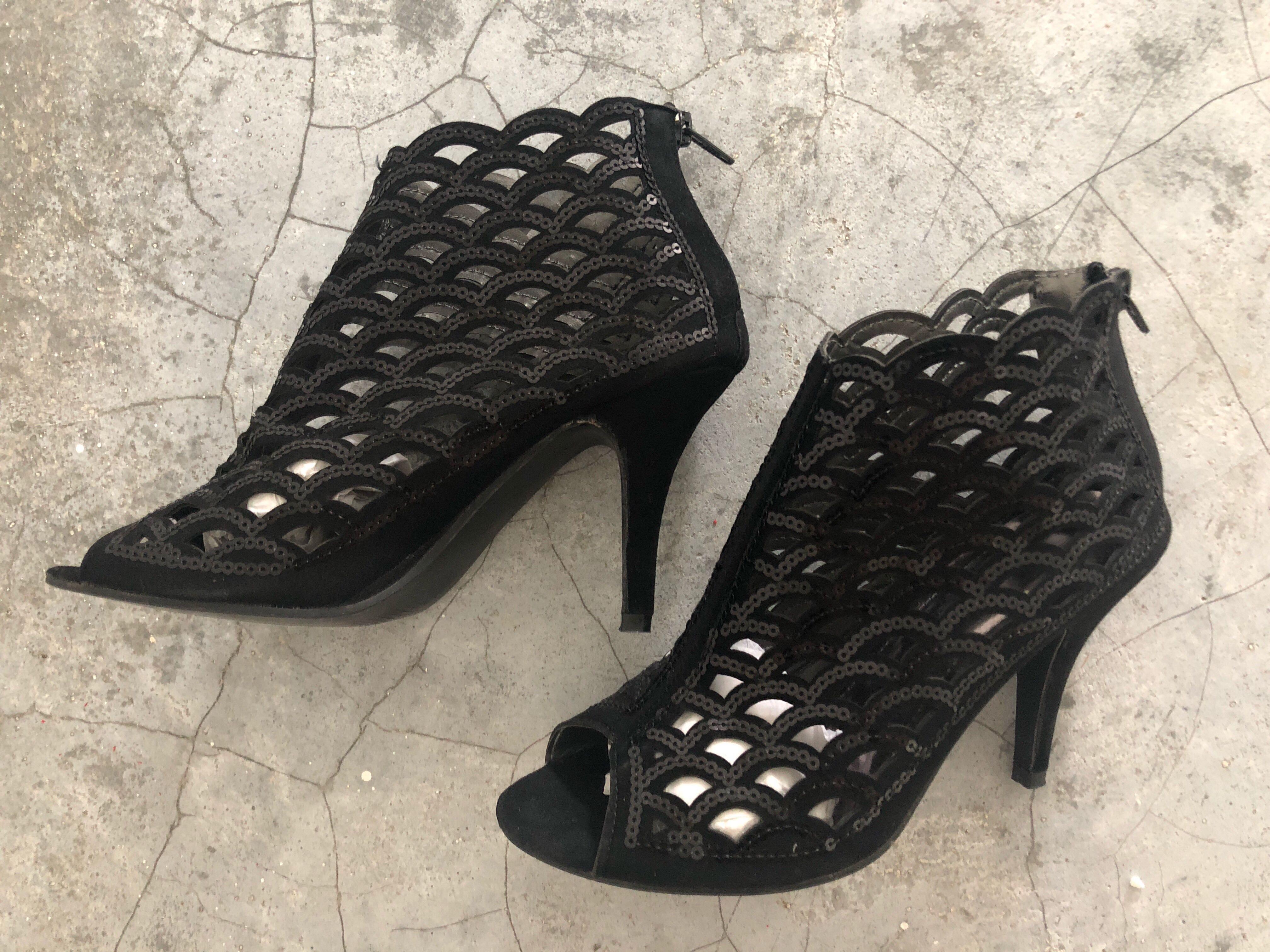 Black Sequin Heels, Women's Fashion 