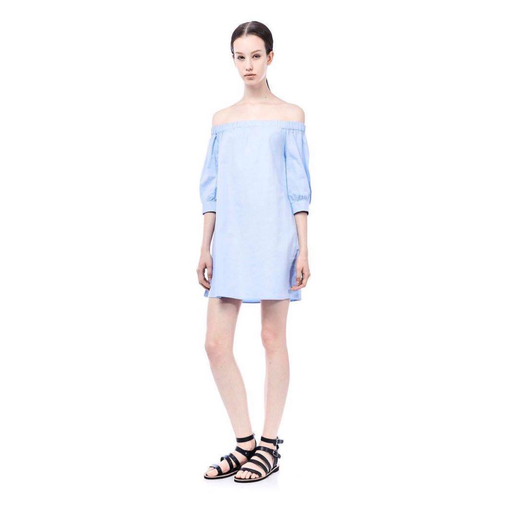 powder blue off the shoulder dress