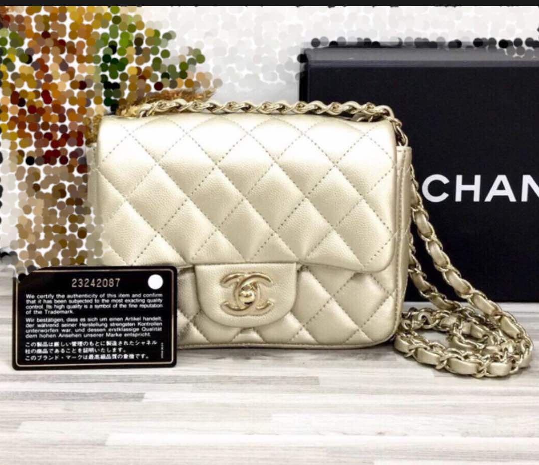 Chanel mini Square in Pearl Caviar with Light Gold hardware
