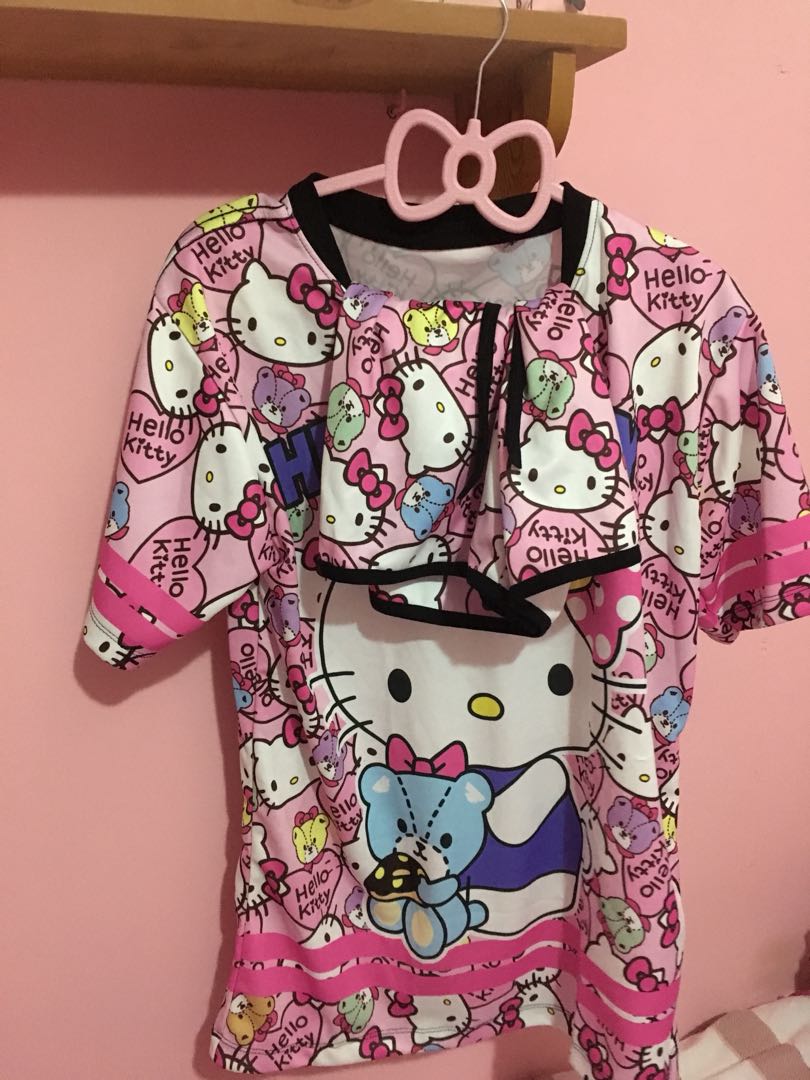 Casual Hello Kitty Badminton Print Short Hooded T-Shirt Top