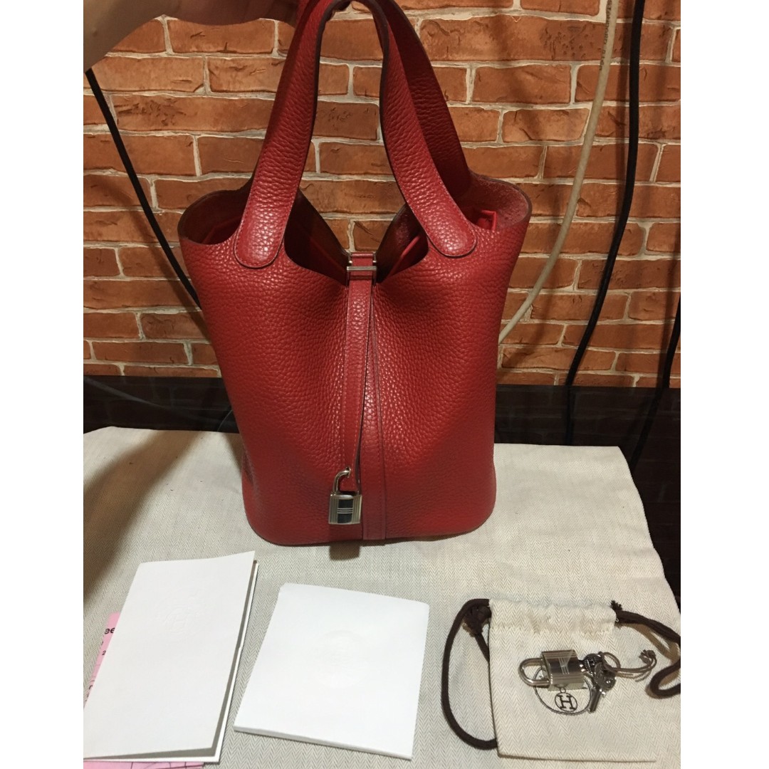 Hermes PHW Picotin MM Tote Bag Taurillon Clemence Leather Garance Red