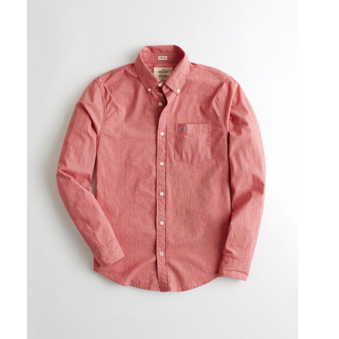 BRAND NEW Hollister Red Stretch Poplin Shirt Long Sleeve