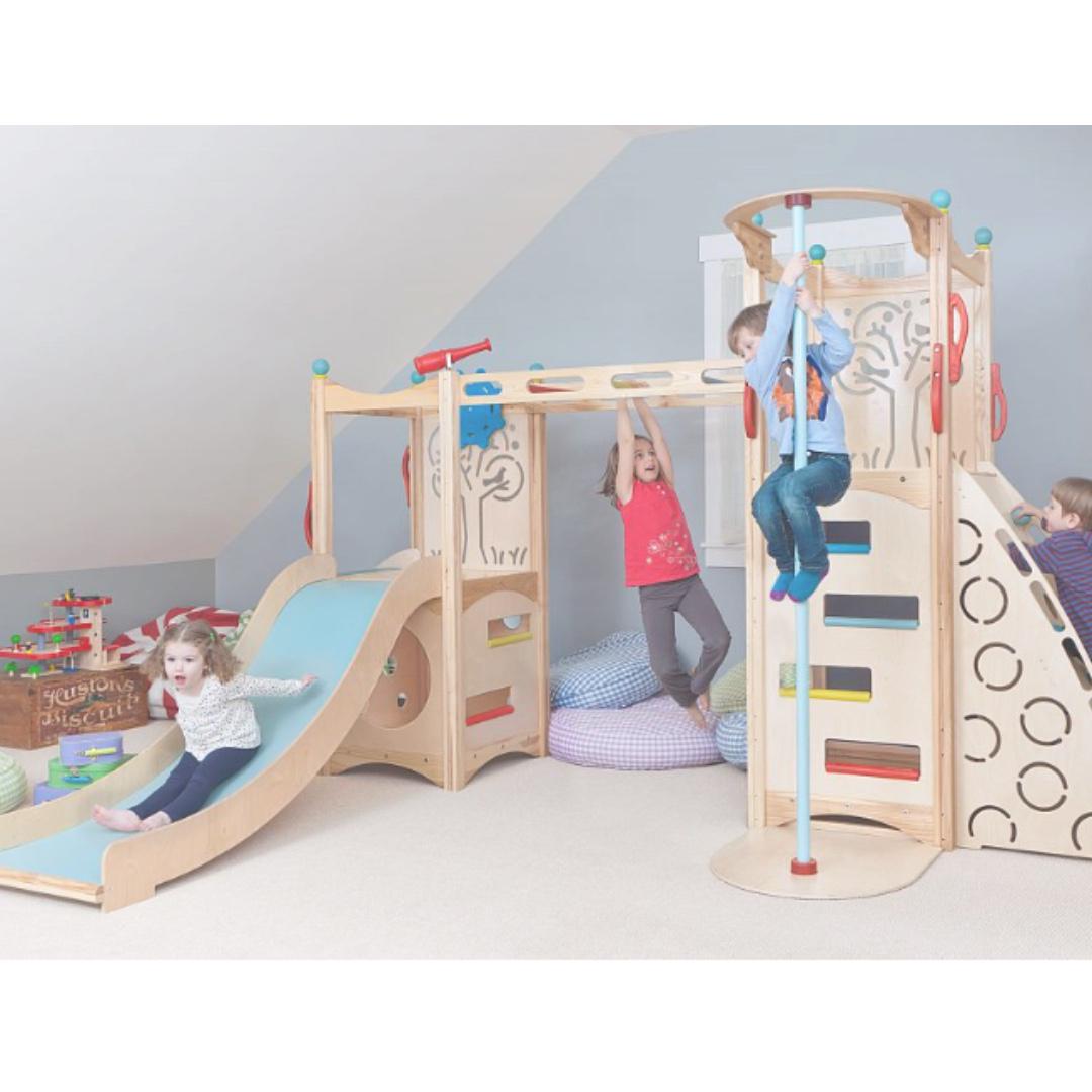 Birch Bunk Bed, Play Set with rock wall, monkey bars, slides and