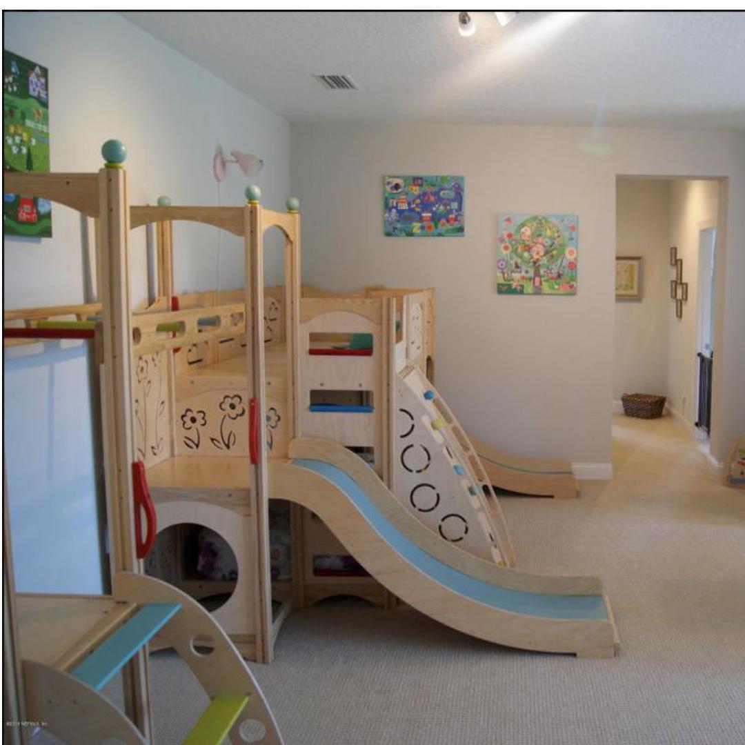 Birch Bunk Bed, Play Set with rock wall, monkey bars, slides and